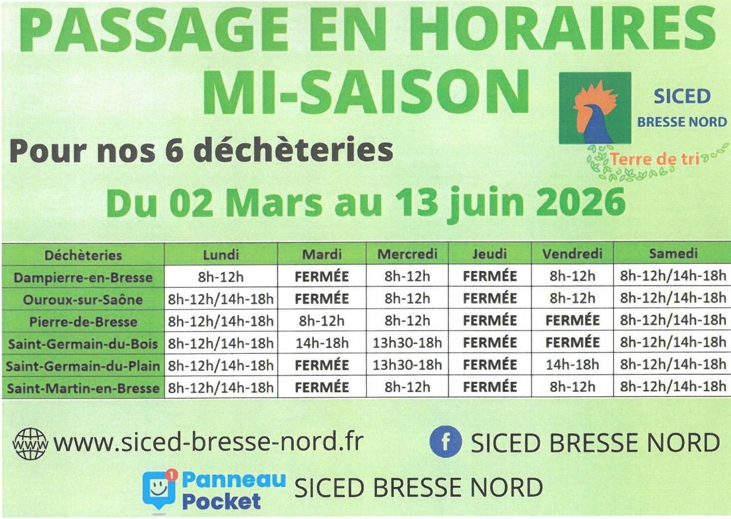 Déchèteries - horaires mi-saison